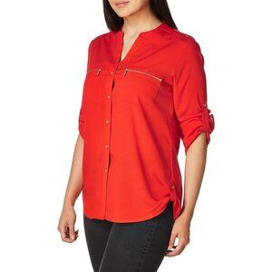 Calvin Klein Red Orange Modern Essential Notch Neck Button Down Long Sleeve Shir